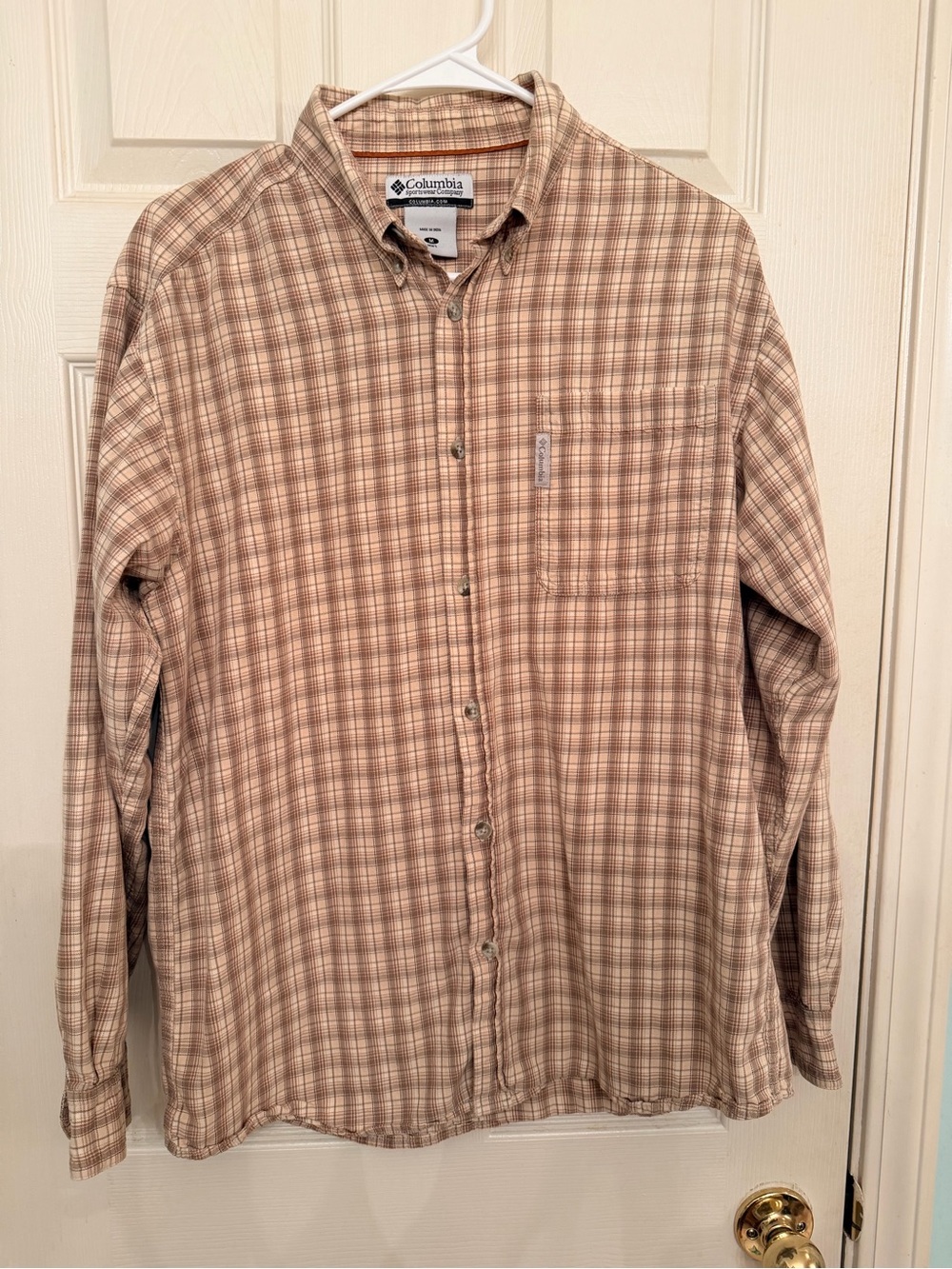 Columbia Men's Tan and Brown Plaid Button-Up Shirt